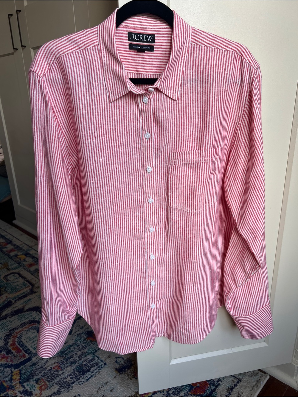J.Crew Garçon Classic Fit Linen Shirt in Red Seersucker Stripe - Size 10